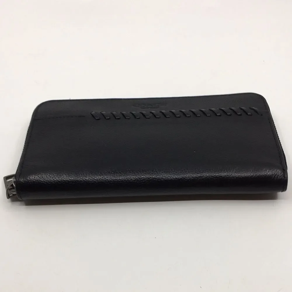 Coach Baseball Stitch Accordion Zip Wallet Black Smooth Calf Leather Unisex